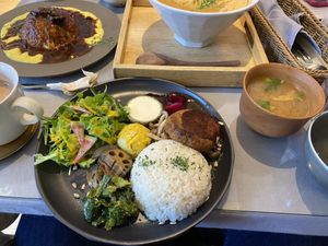 Lunch plate (tofu hamburger steak), comes with miso soup. Not bad. Vegan at Mumokuteki Vegan Cafe in Kyoto