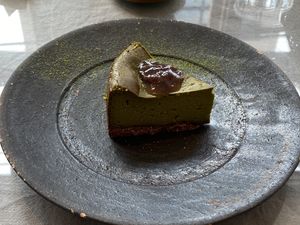 Matcha cheesecake at Mumokuteki Vegan Cafe in Kyoto