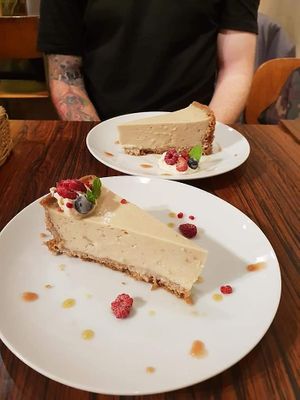 Vegan cheesecake! at Mumokuteki Vegan Cafe in Kyoto