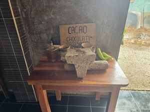 Cacao processing demonstration station at IX CAT IK in Valladolid