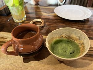 Refreshing welcome drink (chaya lemonade) and maya coffeee #Veganuary at IX CAT IK in Valladolid