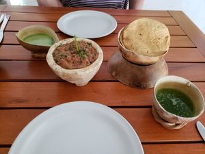 Tortillas and a tomato pumpkin seed dip at IX CAT IK in Valladolid