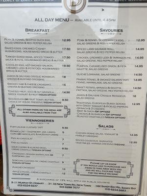 Food menu  at Daci & Daci Bakers in Hobart