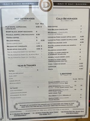Drinks menu  at Daci & Daci Bakers in Hobart