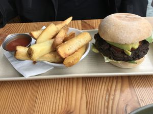 Burger and fries  at The Craft Embassy in Christchurch