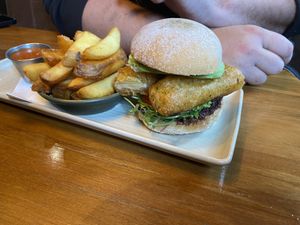 Banana blossom ‘fish’ burger with fries   at The Craft Embassy in Christchurch
