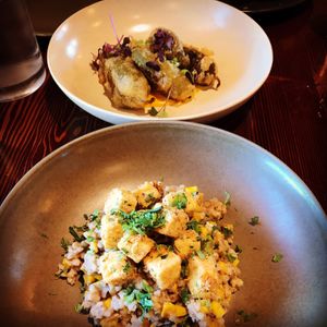 Jalapeño poppers (top) and buckwheat risotto with popcorn tofu - all vegan at The Craft Embassy in Christchurch