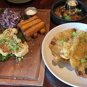 Cauliflower steak, buffalo tofu nuggets and fried pickles (all vegan) at The Craft Embassy in Christchurch