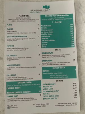 Menu, address etc. at Ganesh Dosa in Kailua