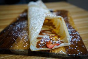 Dulce de Leche Dosa - strawberry, banana, shredded coconut, dulce de leche (caramel)
vegan option : maple syrup instead of caramel at Ganesh Dosa in Kailua
