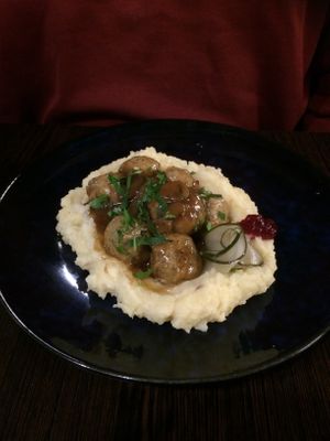 Veggie ‘meatballs’ and mash at Euro Kitchen in Fitzroy
