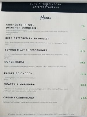 Menu mains at Euro Kitchen in Fitzroy