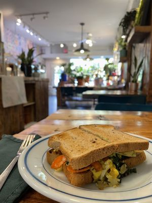 “Cashew egg” toast with avocado   at Planted in Brooklyn