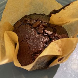 Delicious gluten free chocolate chocolate-chip muffin, made with almond flour   at Planted in Brooklyn