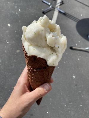 Lime-Mint & chocolate mousse with homemade chocolate waffle  at Eisdealer in Moenchengladbach