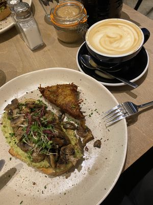 Avo & mushroom toast, hash brown, oat milk latte  at Wayland's Yard in Birmingham