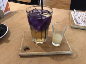 Blue raspberry ice tea. You add the lemon juice and it changes colour!  at Wayland's Yard in Birmingham