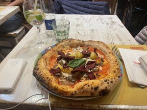 Vegan cheese, potato cubes, beetroot chips  at Rossopomodoro in Venice
