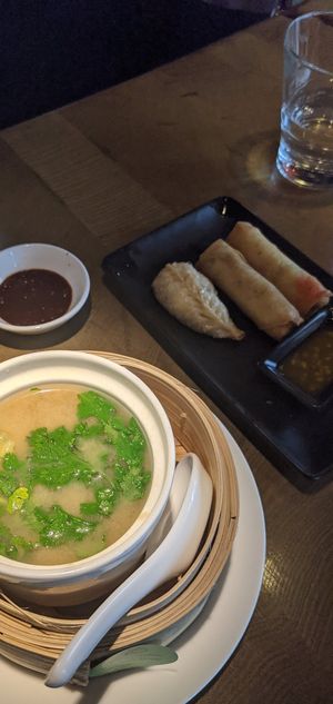 Miso soup & spring rolls & dumplings at Ping Pong Dim Sum in London