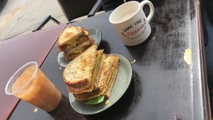 BEC and HollyDaze with oat milk tea  at Seitan's Helper in Brooklyn