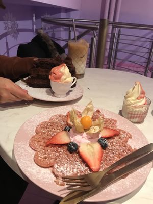 Pink waffle with pink cream and pink softice!!! 😋😋😋 at Dreamy in Copenhagen