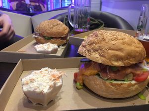 Seitan and tofu cheeseburger  at Vegan Kiraly in Budapest