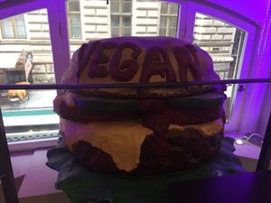 Giant decorative hamburger  at Vegan Kiraly in Budapest