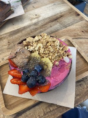 Pink pitaya bowl with extra almond butter  at PLANT SHACK - Altea in Altea
