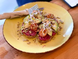 Avocado and beetroot hummus toast  at PLANT SHACK - Altea in Altea