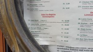 Vegan part of menu at Indian Palace in St Gallen