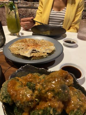 Gyoza and air-fried Broccoli in peanut butter sauce  at PLANTA Queen in Toronto