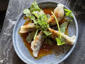 Appetizer - spinach shiitake dumplings  at PLANTA Queen in Toronto