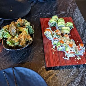 Bang Bang Broccoli as well as the Rainbow and Dragon Roll at PLANTA Queen in Toronto