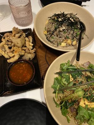 Chick’n Fried Mushrooms, Truffle Fried Rice, Singapore Noodles  at PLANTA Queen in Toronto