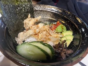 Poke bowl with crispy fried mushrooms  at PLANTA Queen in Toronto