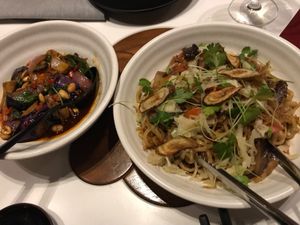 Shanghai noodles and eggplant wok at PLANTA Queen in Toronto