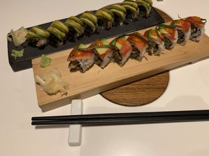 Dragon Roll (top) & Rainbow Roll (bottom) at PLANTA Queen in Toronto