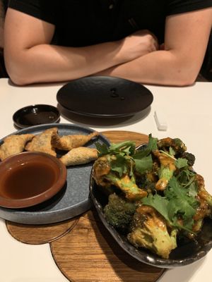 Bang Bang Broccoli (right) & Gyoza (left) at PLANTA Queen in Toronto