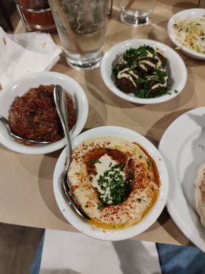 Falafel, hummus and aubergine sides at Oren's Hummus in San Francisco