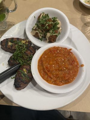 Plant based lamb, falafel, and romanian eggplant.  at Oren's Hummus in San Francisco