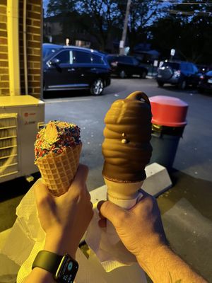 Vegan soft serve and waffle cone on the left!  at Dairy Star Ice Cream in Lincolnwood