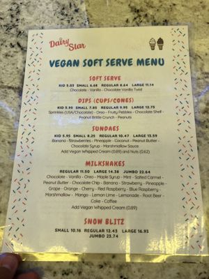 Vegan Menu!  at Dairy Star Ice Cream in Lincolnwood