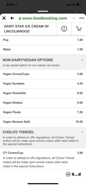 Vegan Menu  at Dairy Star Ice Cream in Lincolnwood