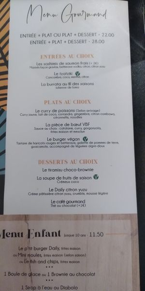 Menu with starter, main and dessert at Daily Gourmand in Vannes