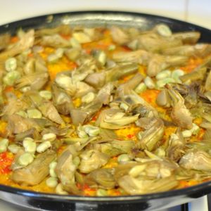 Paella with local rice and seasonal veggies from our garden  at CReeA in Tarragona