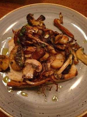 Wild mushrooms on toast with garlic vegan butter at The Red Lion & Sun in North London