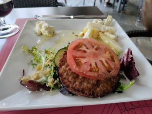 Yummy bun-less seitan shitake burger with yucca fries and aioli at B12 in Girona