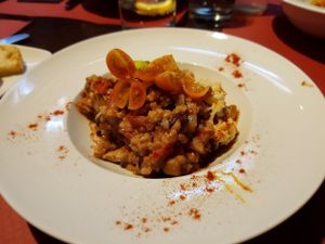 Coconut rice and beans with soy 'chicken' at B12 in Girona