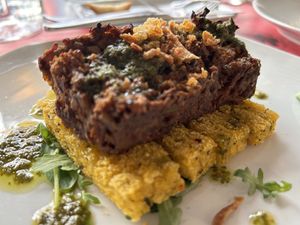 "Meat loaf" with polenta fries and chimichurri sauce.  at B12 in Girona