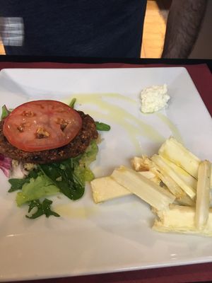 veggie burger (comes with no bun) and yuca at B12 in Girona
